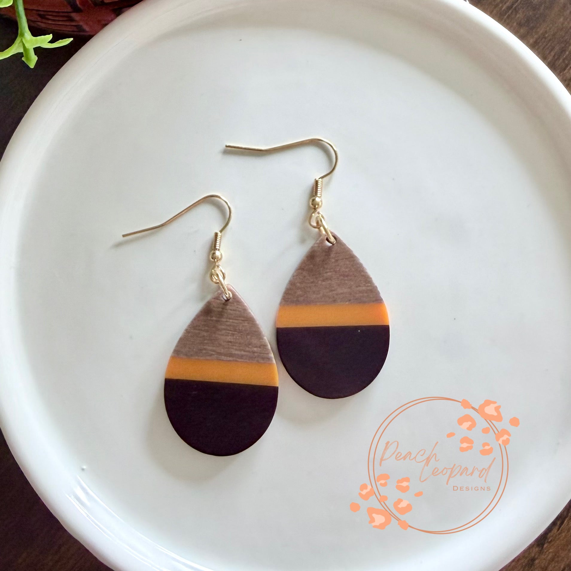 Teardrop Earrings- Wood with Brown and Orange Resin