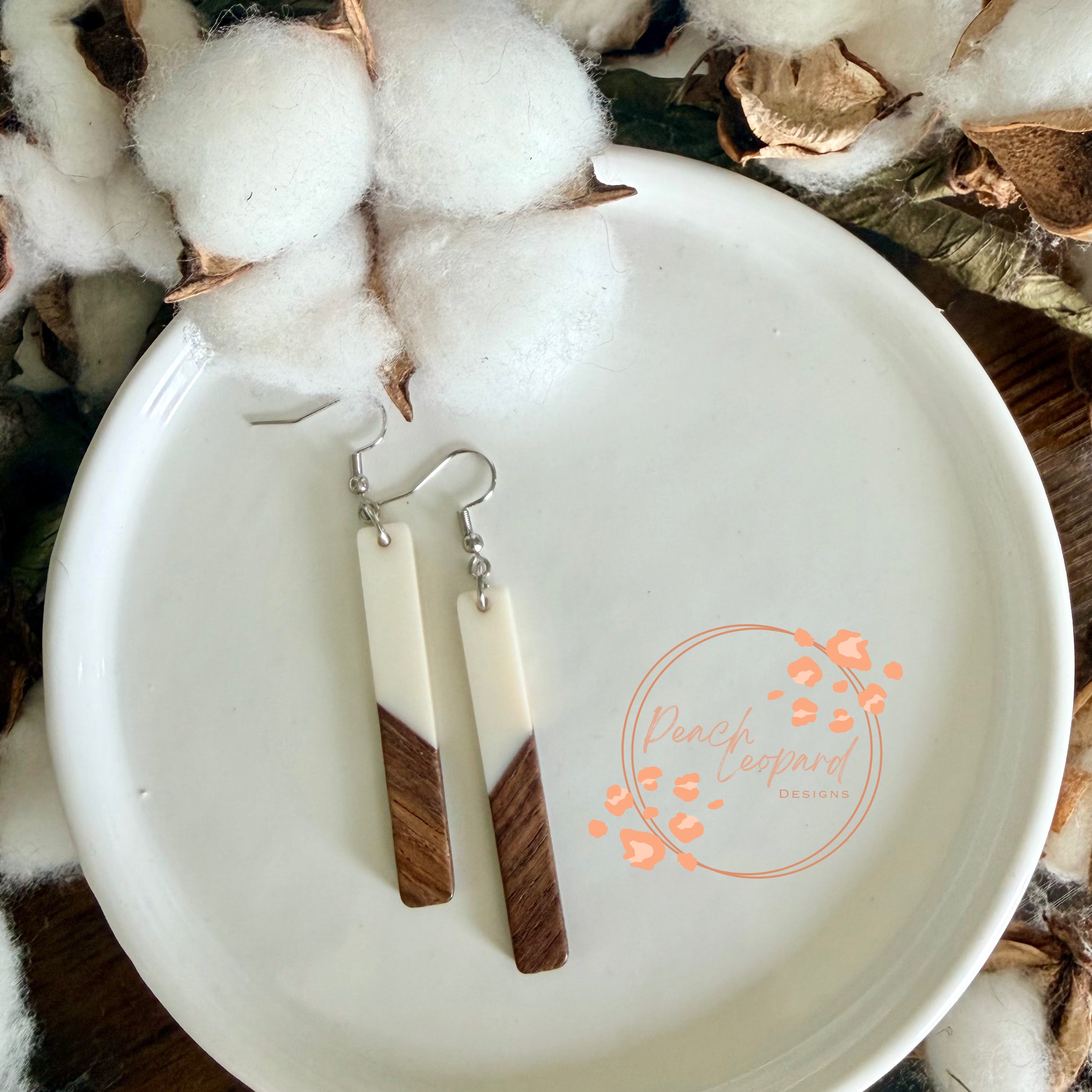 Rectangle Earring- White and Wood Resin