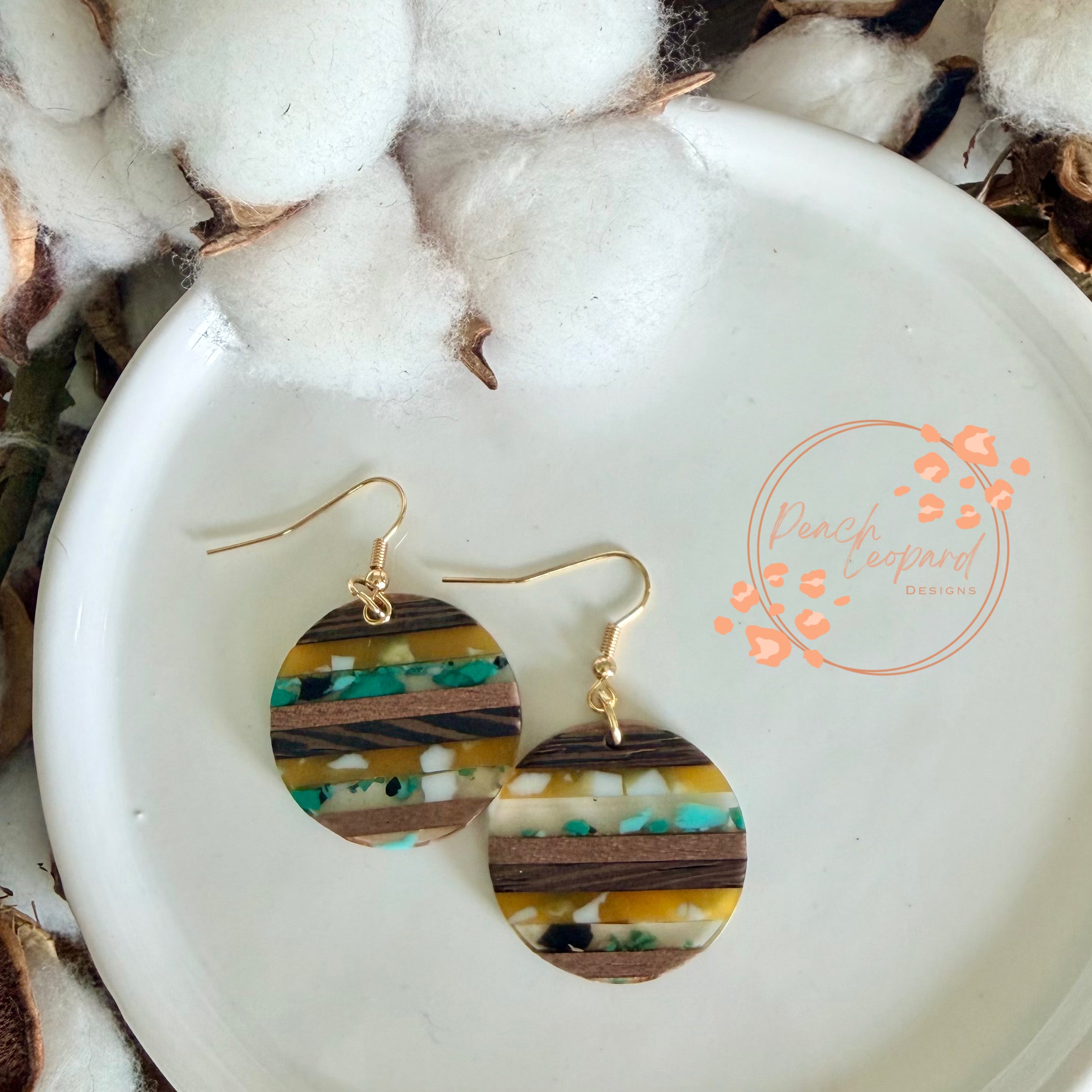 Round Earring- Teal and Yellow with Wood Resin