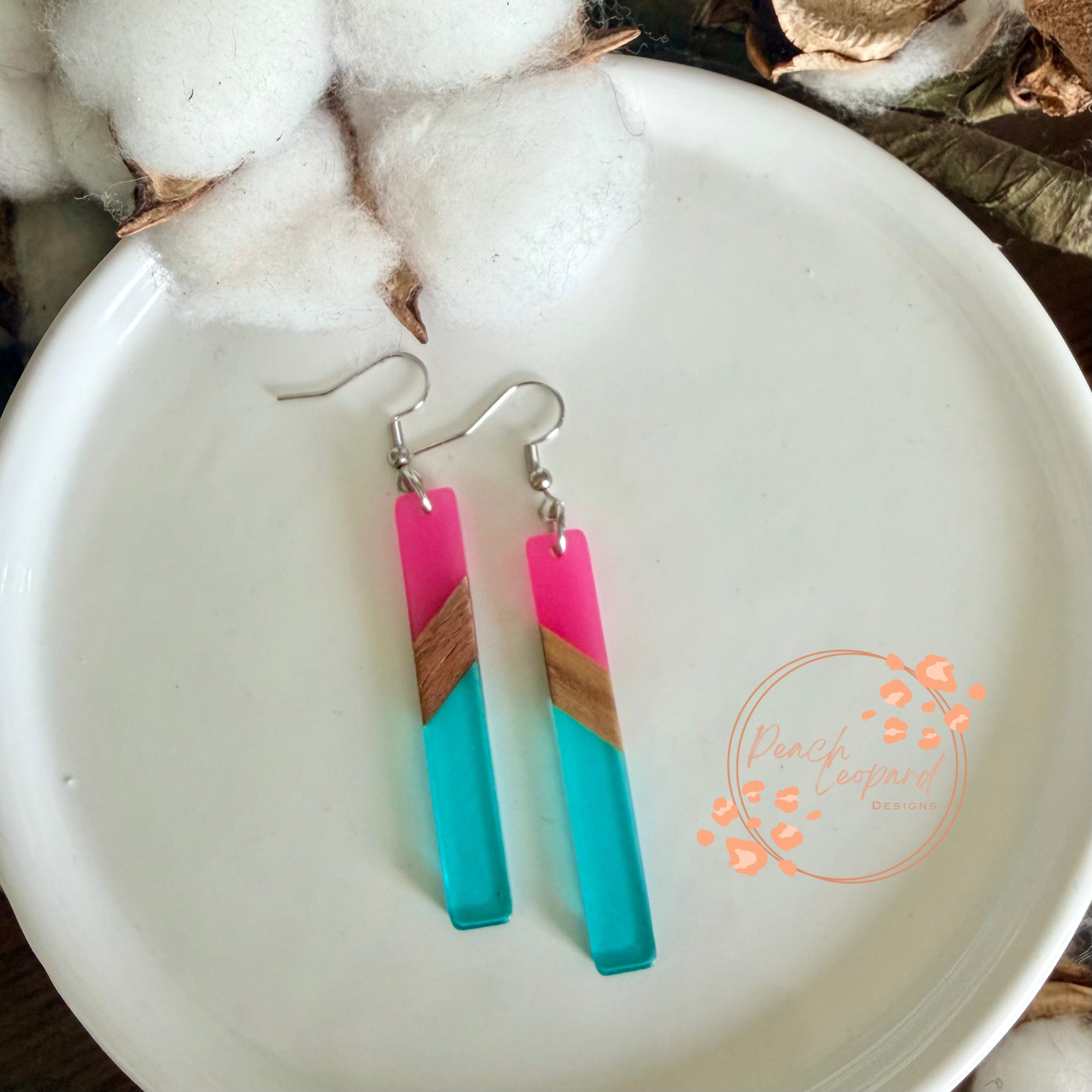 Rectangle Earring- Pink and Teal with Wood Resin