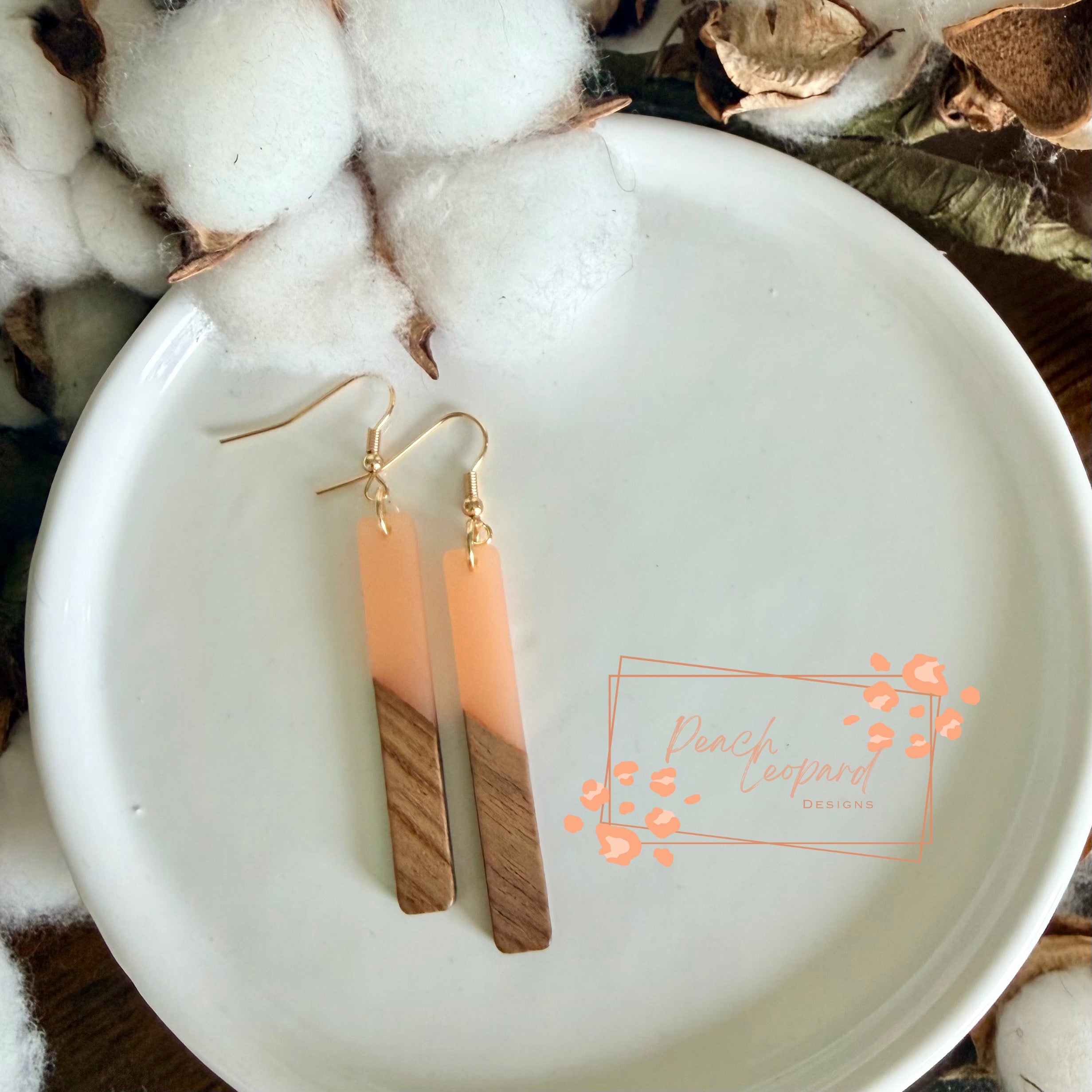 Rectangle Earring- Coral and Wood Resin