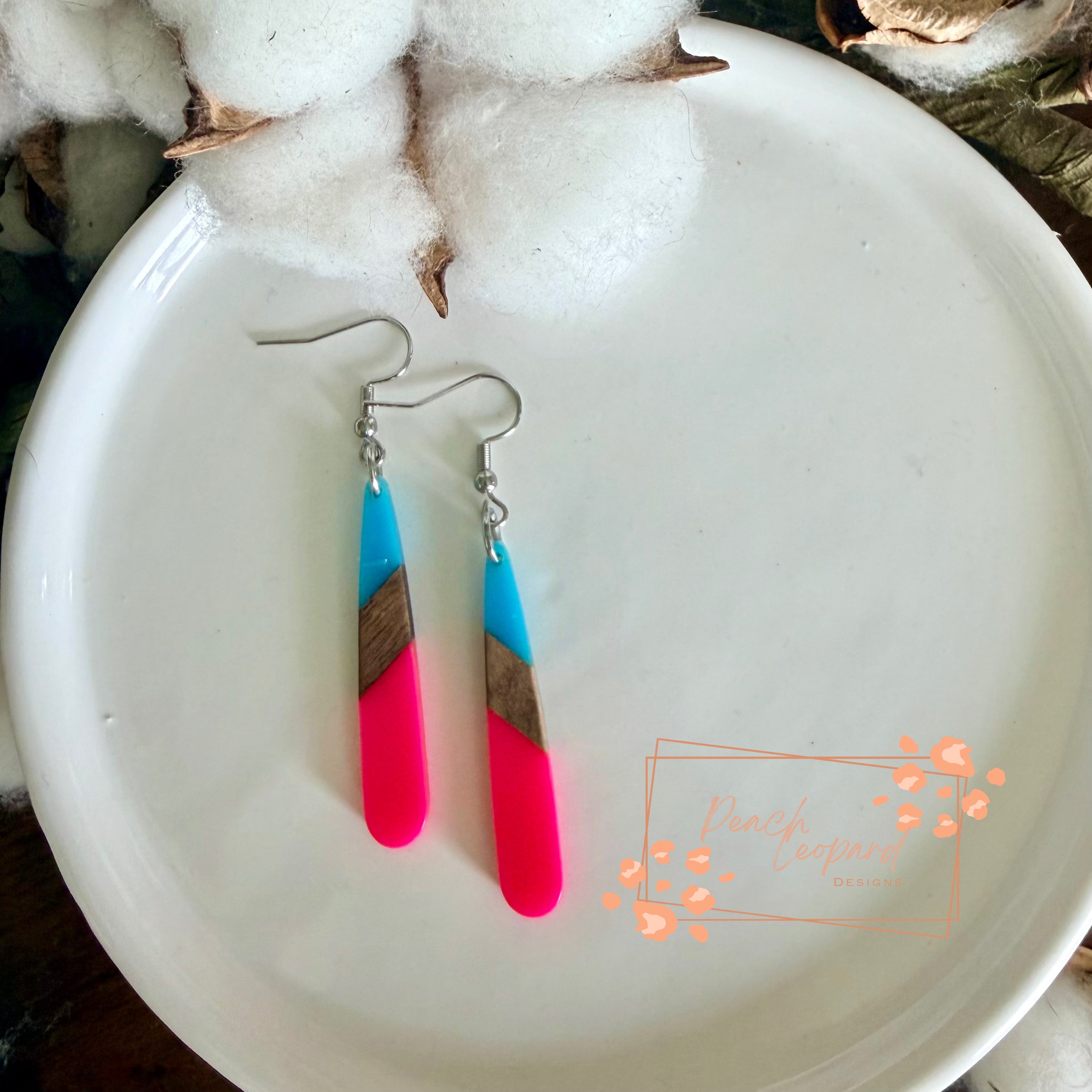 Teardrop Earring- Blue and Pink with Wood Resin