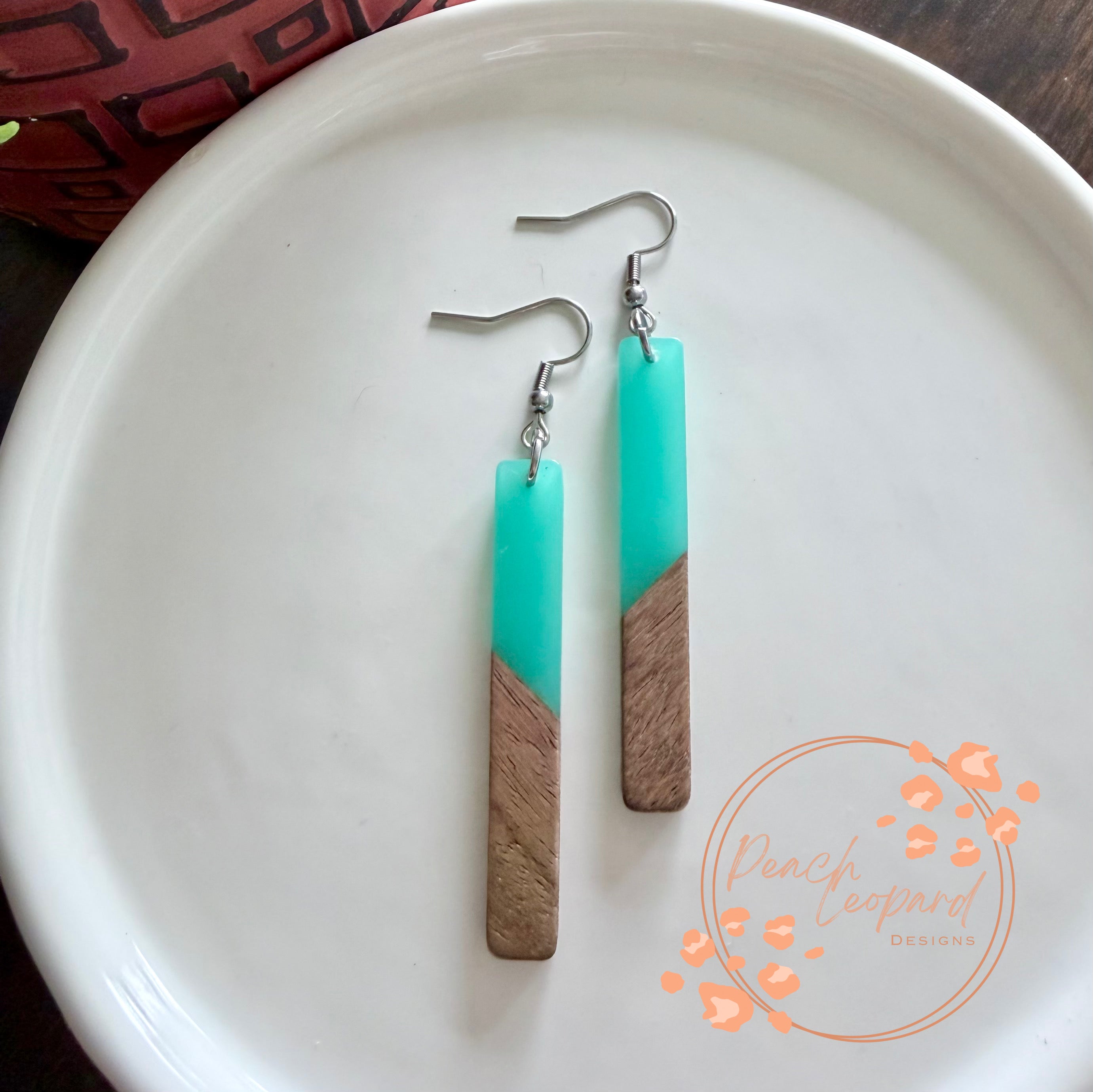 Rectangle  Earrings- Teal and Wood Resin